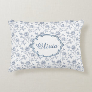 French Blue Toile Chinoiserie Floral Girls Name Accent Pillow