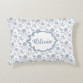 French Blue Toile Chinoiserie Floral Girls Name Accent Pillow