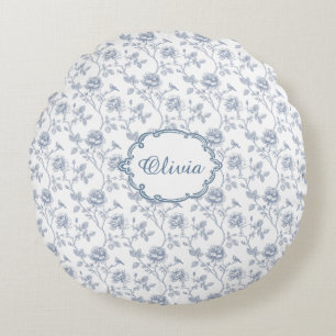 French Blue Toile Chinoiserie Floral Girls Name Round Pillow