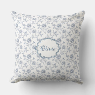 French Blue Toile Chinoiserie Floral Girls Name Throw Pillow