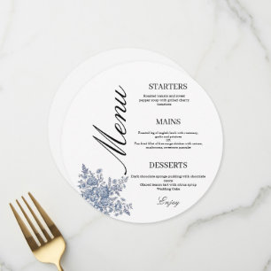French Blue Toile Round Wedding Menu - Dusty Blue 