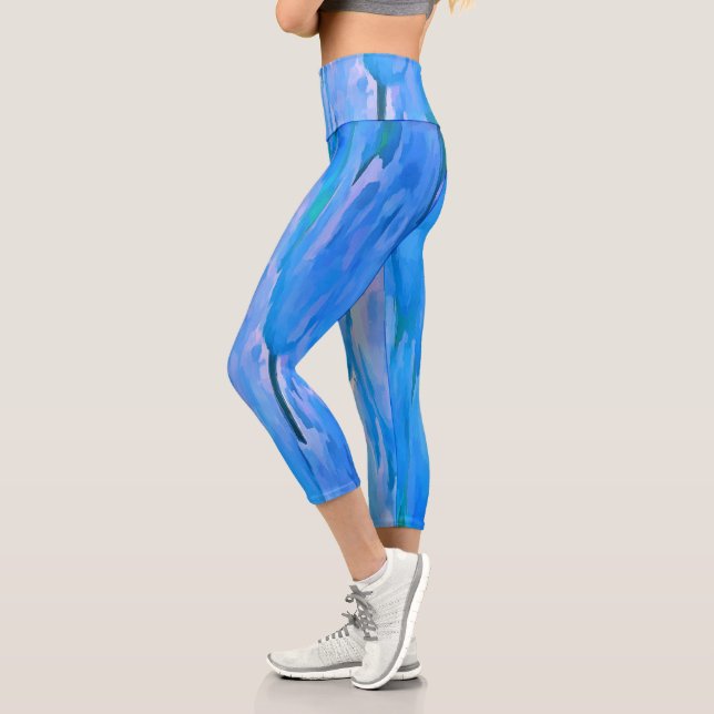 French Blue Tulips Abstract Floral Pattern Capri Leggings (Left)