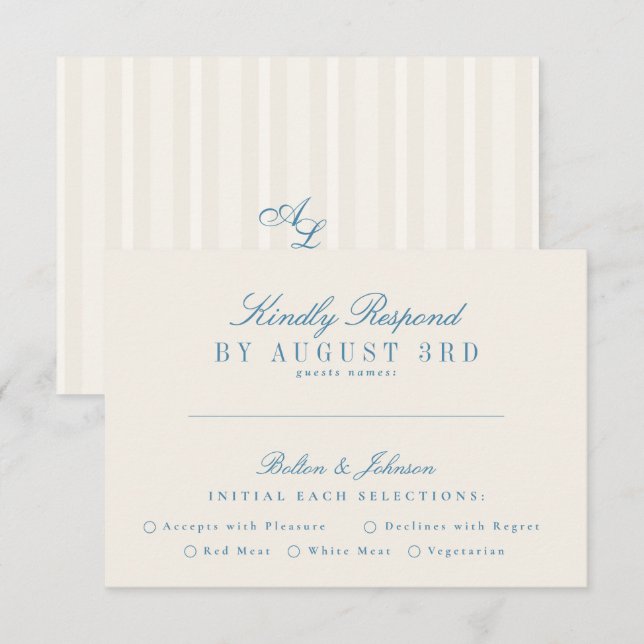 French Blue Vintage Cream Stripe wedding RSVP Card (Front/Back)