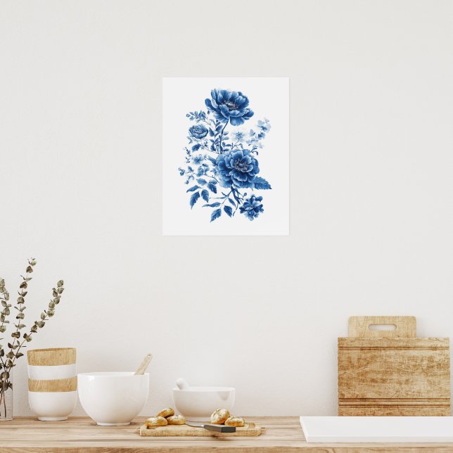French Blue Watercolor Toile Chinoiserie Floral Poster (Kitchen)