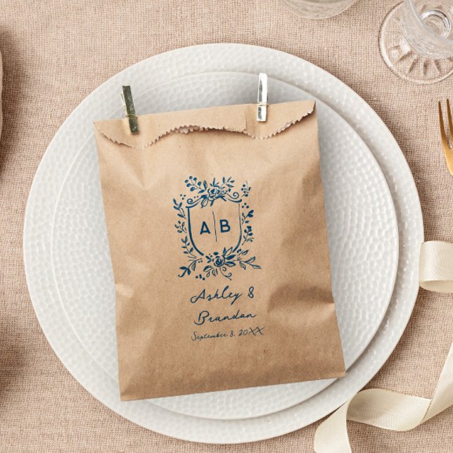 French Blue Whimsical Floral Monogram Crest  Favour Bag (Creator Uploaded)