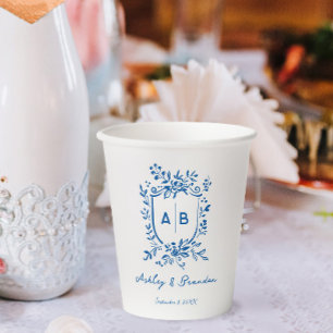 French Blue Whimsical Monogram Crest Wedding Paper Cups