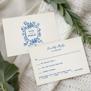 French Blue Whimsical Pastoral Wedding Invitation, RSVP Card