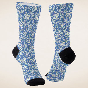 French Blue White Botanical Floral Socks