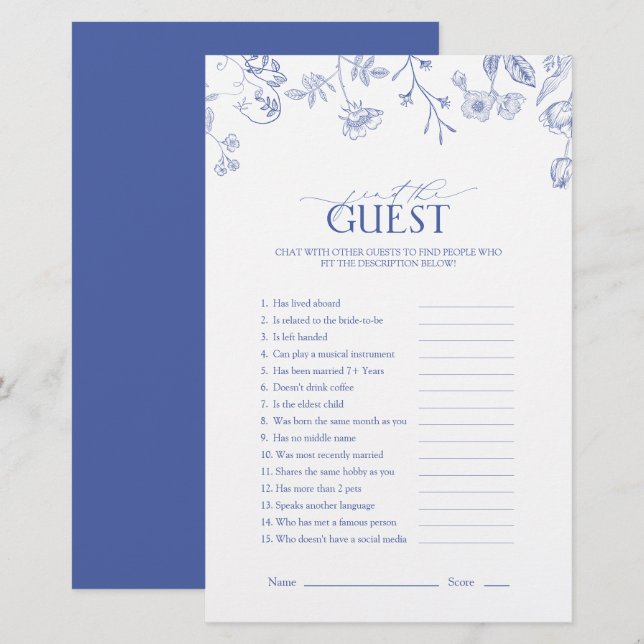 French Blue & White Floral Bridal Shower Game (Front/Back)