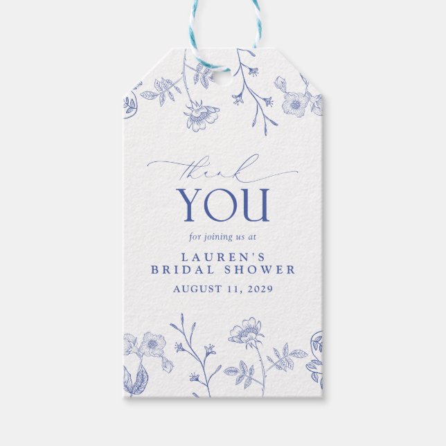 French Blue & White Floral Bridal Shower Personal Gift Tags (Front)
