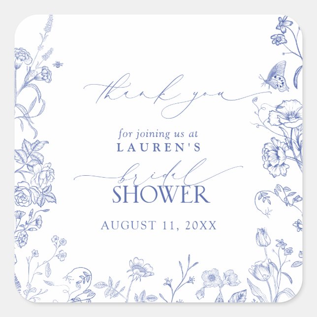 French Blue & White Floral Bridal Shower Thank You Square Sticker (Front)