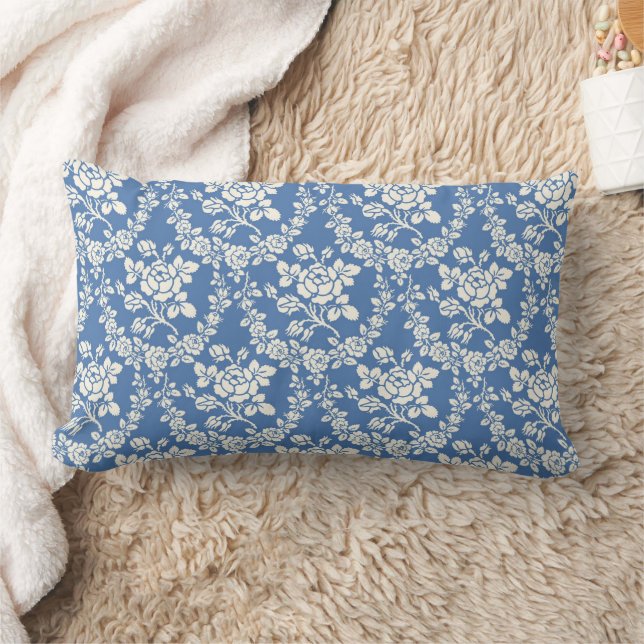 French Blue White Floral Pattern Botanical Chic Lumbar Pillow (Blanket)