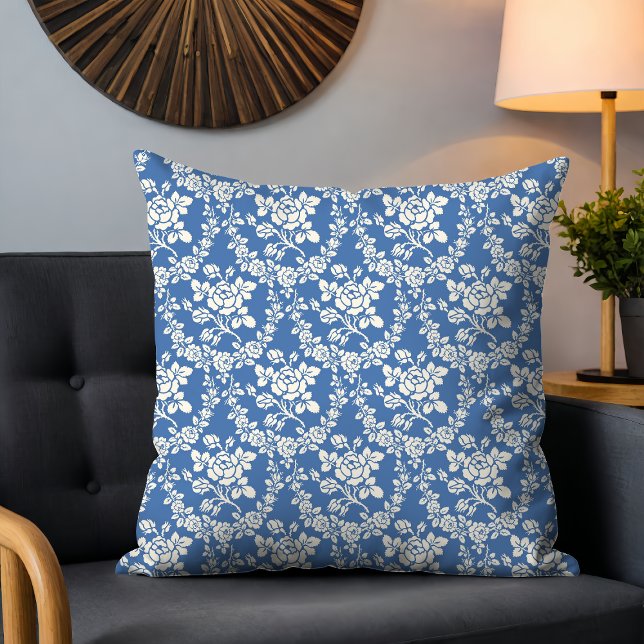 French Blue White Floral Pattern Botanical Chic Throw Pillow (Creator Uploaded)