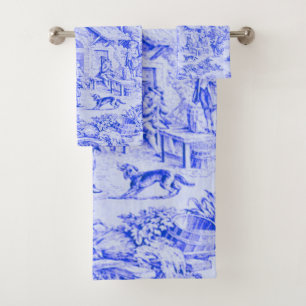 French Blue White Toile Chinoiserie Rustic Style  Bath Towel Set