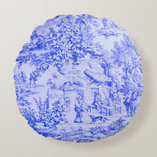 French Blue White Toile Chinoiserie Rustic Style  Round Pillow