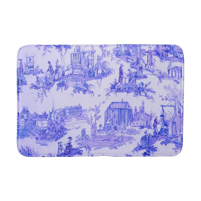 French Blue White Toile Chinoiserie Style Rustic  Bath Mat (Front)