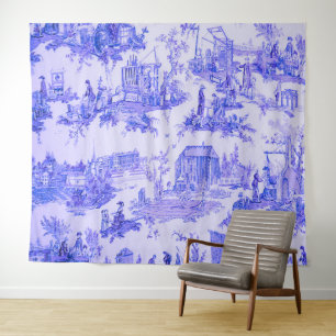 French Blue White Toile Chinoiserie Style Rustic  Tapestry