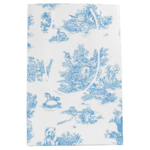 French Blue White Toile de Jouy Bear Baby Shower Medium Gift Bag