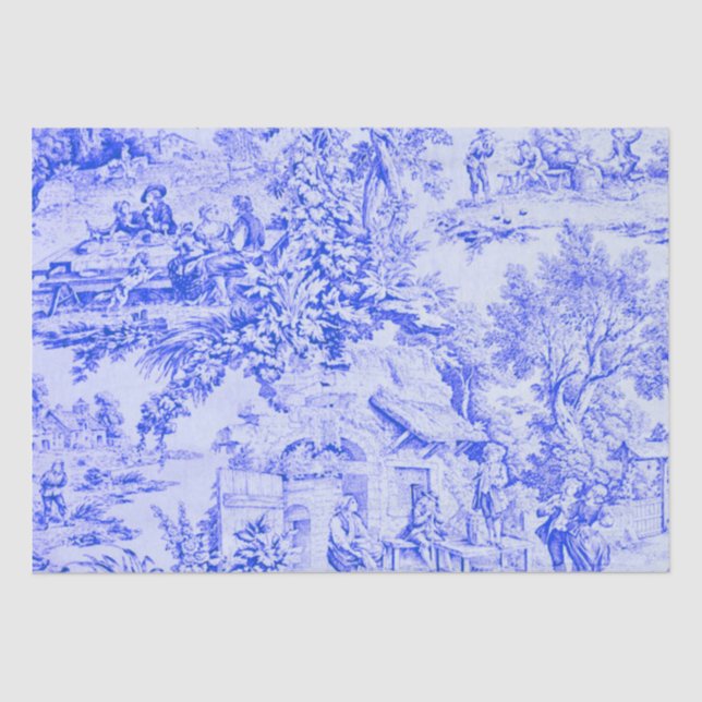 French Blue White Toile Rustic Style Decoupage Tissue Paper (Front)
