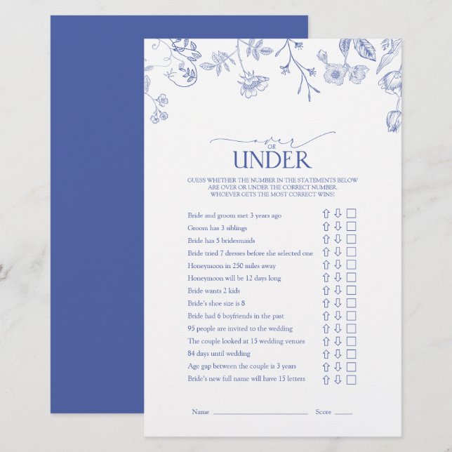 French Blue & White Victorian Bridal Shower Game (Front/Back)