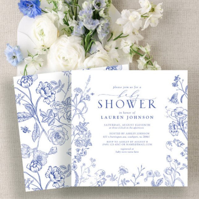French Blue & White Victorian Floral Baby Shower Invitation (Creator Uploaded)