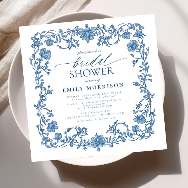 French Blue & White Victorian Floral Bridal Shower Invitation (Creator Uploaded)