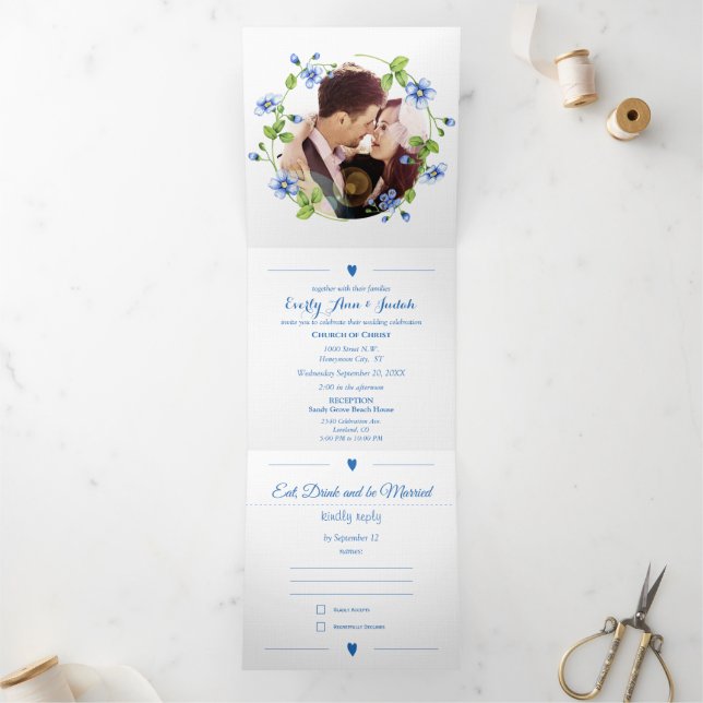 French Blue Wildflower Floral Wreath Wedding Tri-Fold Invitation (Inside)