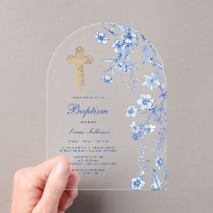 French Blue Wildflowers Arch Baptism Acrylic Invitations