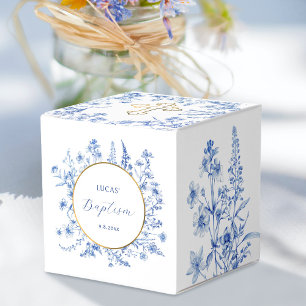 French Blue Wildflowers Baptism Cube Favor Box