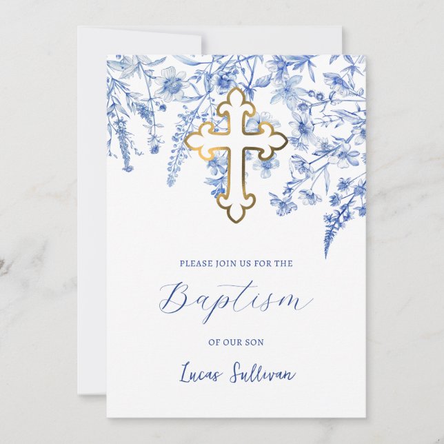 French Blue Wildflowers Baptism Invitation (Front)