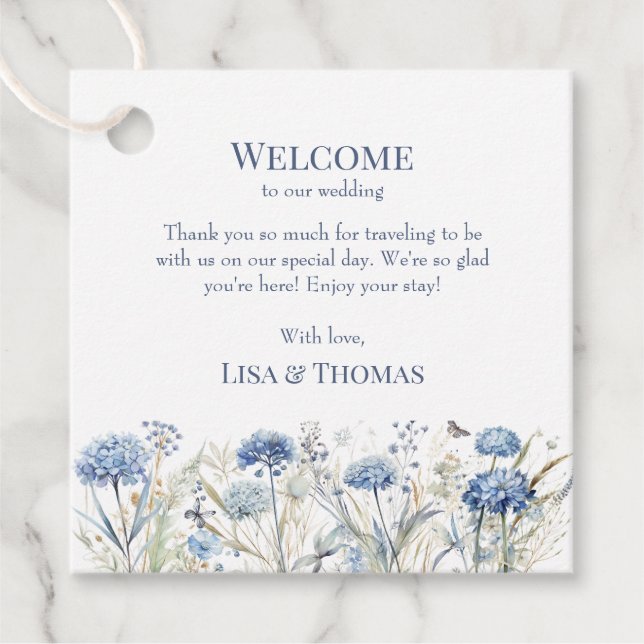 French Blue Wildflowers Meadow Welcome Gift Tag (Front)