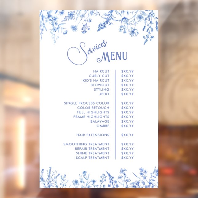 French Blue Wildflowers Services Menu Window Cling (Sheet 2)