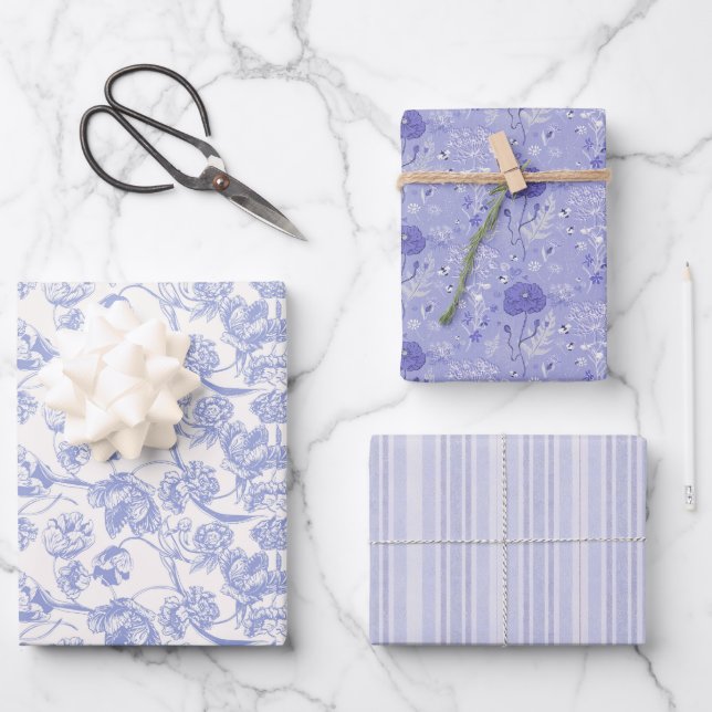 French Blue Wrapping Paper Flat Sheet Set of 3 (Front)