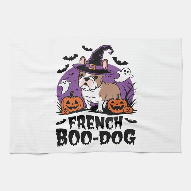 French Boo Dog � the Spookiest Pup Kitchen Towel (Horizontal)