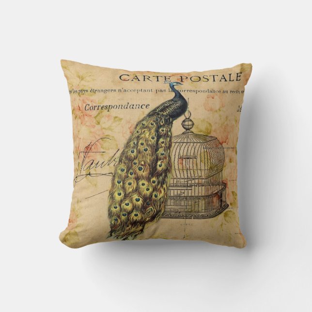 french botanical art nouveau vintage peacock throw pillow (Front)