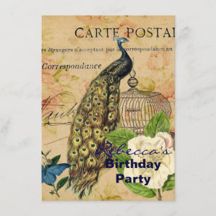 french botanical camellia birdcage vintage peacock invitation