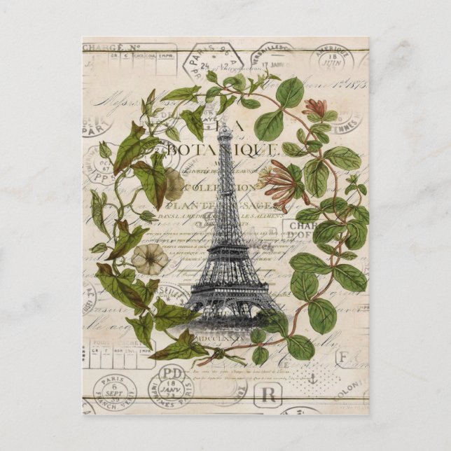 french botanical ivy leaves  paris eiffel tower postcard (Front)