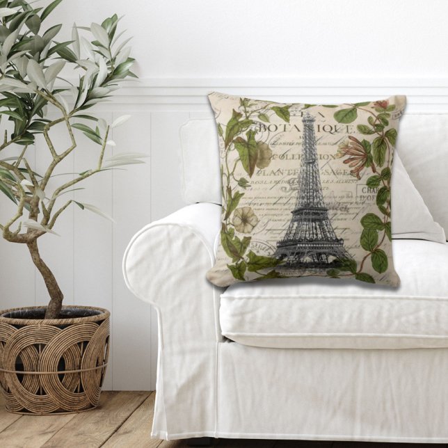 french botanical ivy leaves  paris eiffel tower throw pillow (french botanical ivy leaves paris eiffel tower throw pillow)