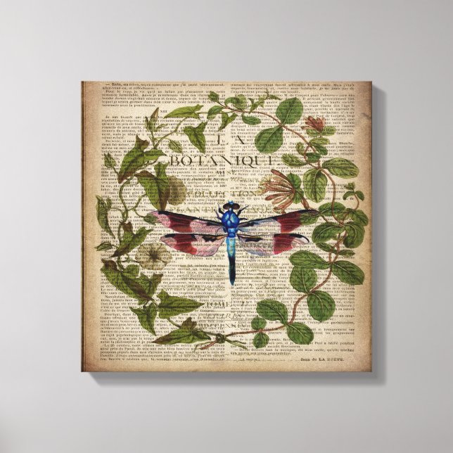 french botanical leaves modern vintage dragonfly canvas print (Front)