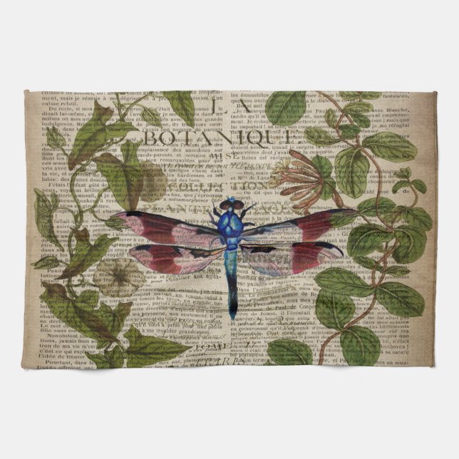 french botanical leaves modern vintage dragonfly kitchen towel (Horizontal)