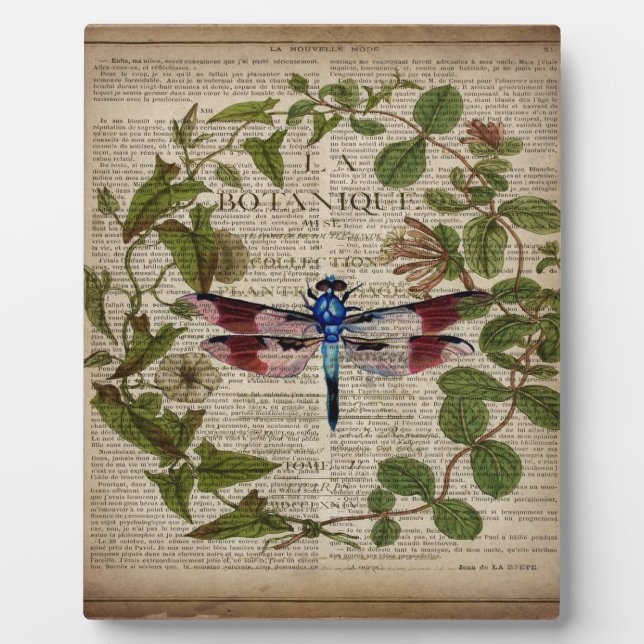 french botanical leaves modern vintage dragonfly plaque (Front)