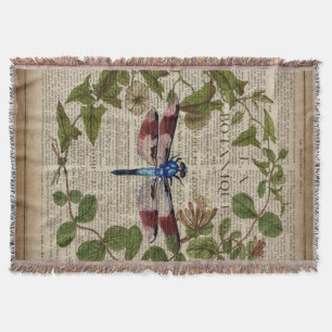 french botanical leaves modern vintage dragonfly throw blanket