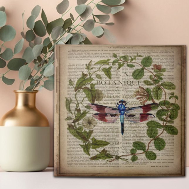 french botanical leaves modern vintage dragonfly tile (french botanical leaves modern vintage dragonfly ceramic tile)