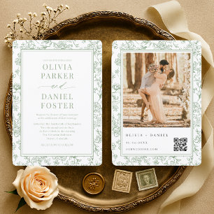 French Botanical Photo QR Code Wedding  Invitation