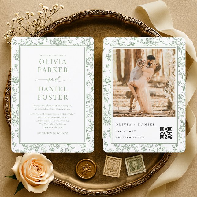 French Botanical Photo QR Code Wedding  Invitation (Creator Uploaded)