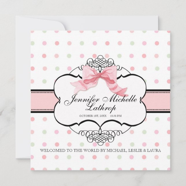 French Bow Damask Swirl Birth Announcement Girl  (Front)