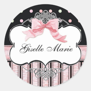 French Bow n Dots, Girl Baby Shower Sticker Seal