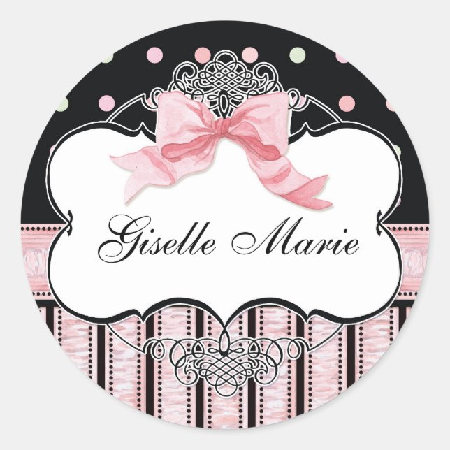 French Bow n Dots, Girl Baby Shower Sticker Seal (Front)