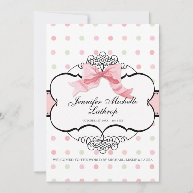 French Bow Swirl Damask Girl Birth Announcement (Front)