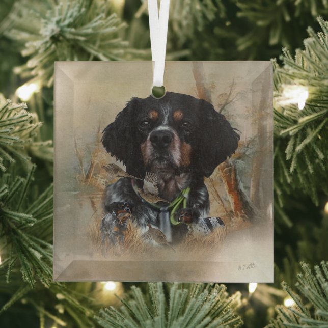 French Brittany, Bird Hunting Art  Glass Ornament (Insitu)